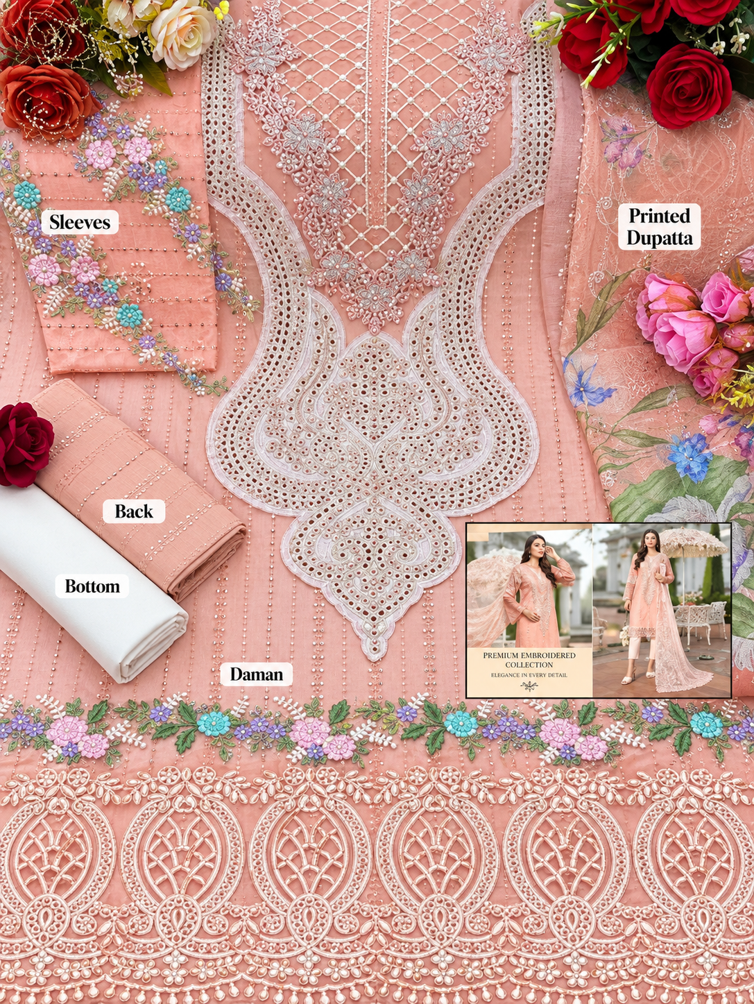 Pakistani Suit Dress Materials With chiffon Dupatta patch work beutiful printed suit