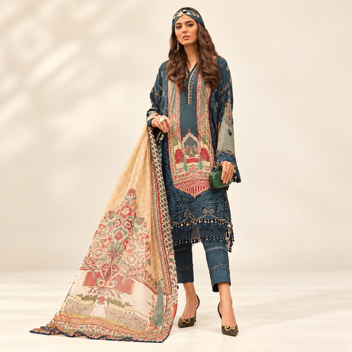 Trendy Pakistani Suit Dress Material lawn cotton with chiffon Dupatta and Printed Suit salwar