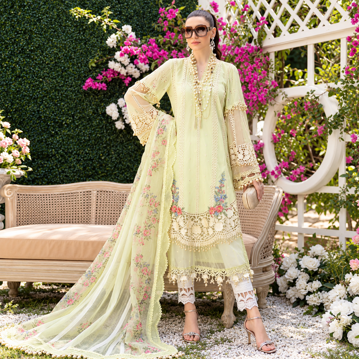 Elegant Pakistani Lawn Cotton Suit with Chiffon Dupatta | Pastel Embroidered Semi-Stitched Dress Material