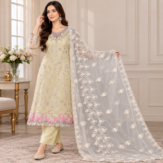 Elegant Pakistani Embroidered Suit with Santoon Inner & Butterfly Net Dupatta ✨