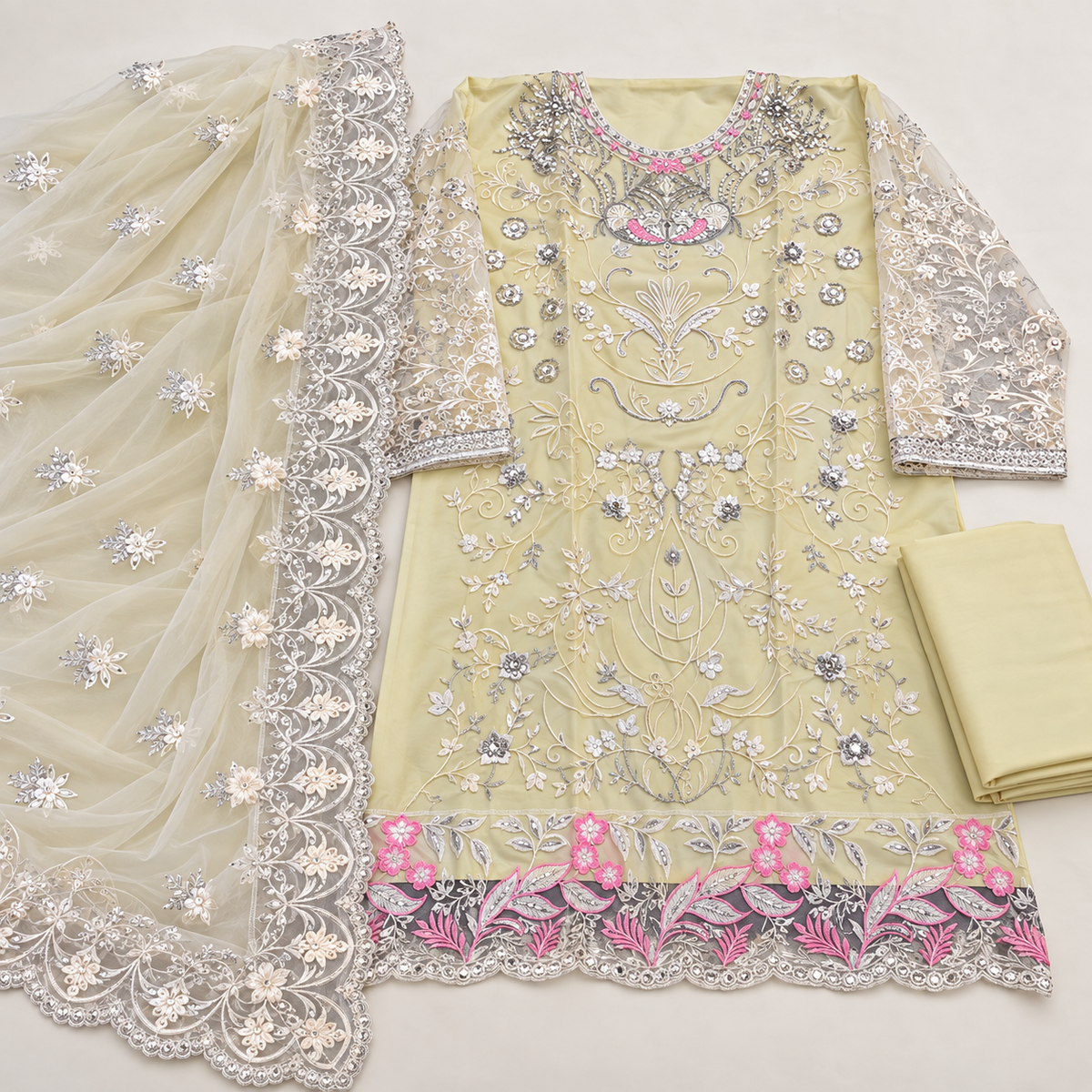 Elegant Pakistani Embroidered Suit with Santoon Inner & Butterfly Net Dupatta ✨