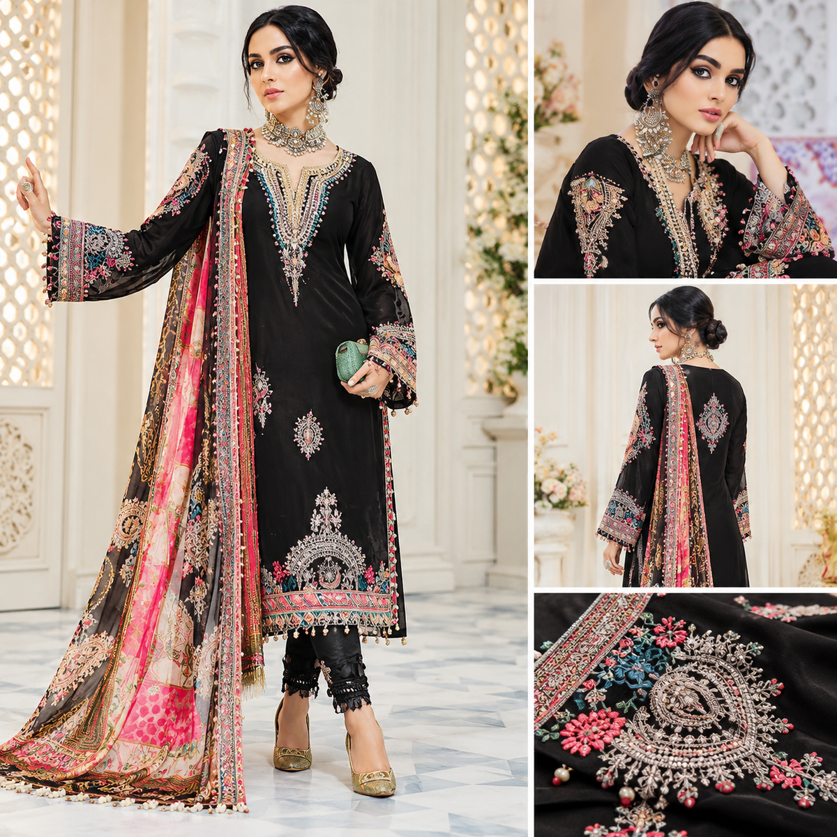 Elegant Pakistani Lawn Cotton Suit with Chiffon Dupatta | Black Embroidered Unstitched Dress Material