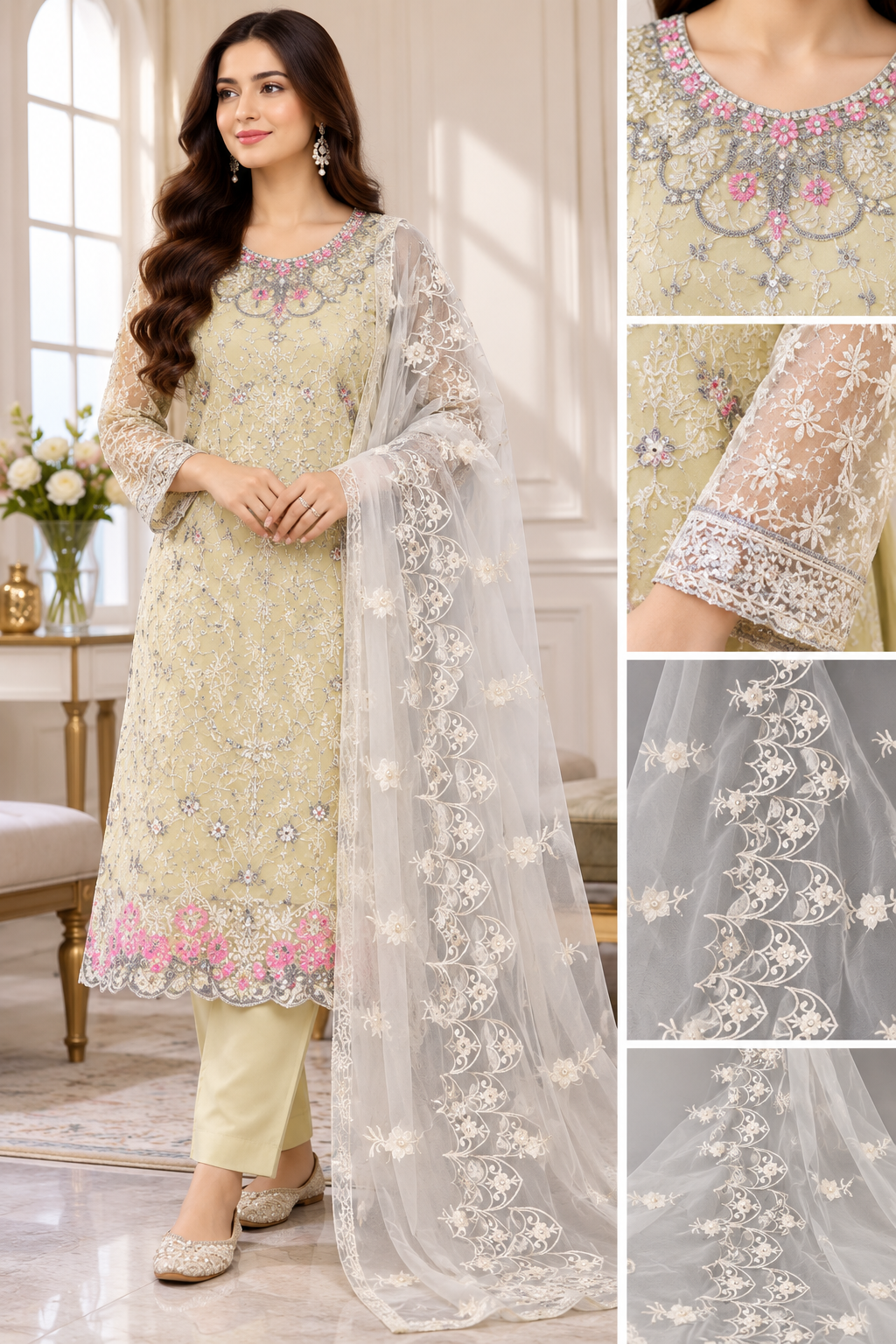 Elegant Pakistani Embroidered Suit with Santoon Inner & Butterfly Net Dupatta ✨