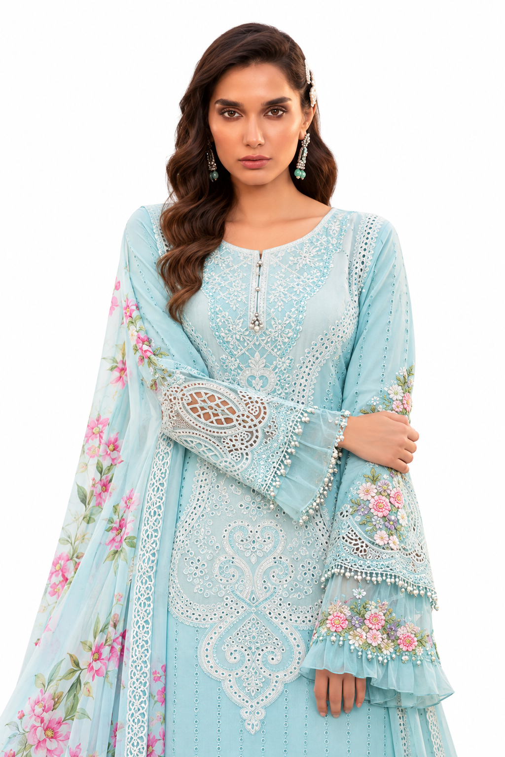 Pakistani Suit Dress Materials With chiffon Dupatta patch work beutiful printed suit