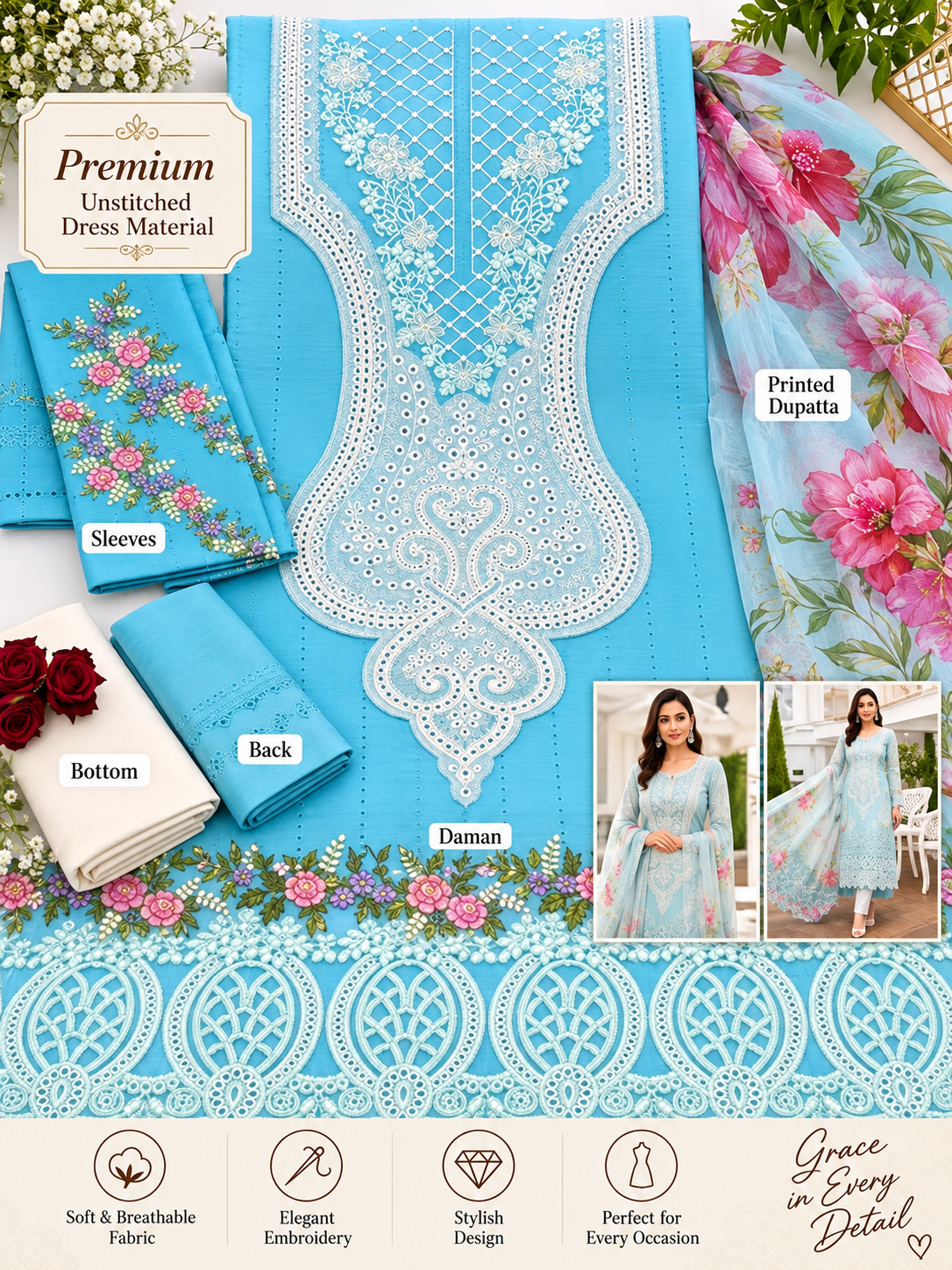 Pakistani Suit Dress Materials With chiffon Dupatta patch work beutiful printed suit