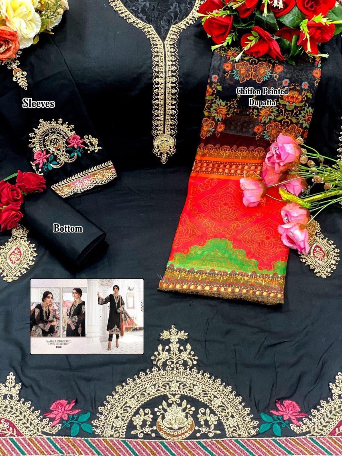 Elegant Pakistani Lawn Cotton Suit with Chiffon Dupatta | Black Embroidered Unstitched Dress Material