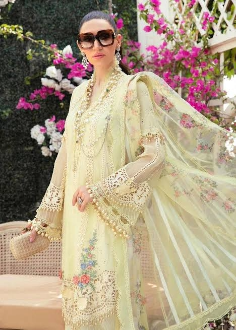 Elegant Pakistani Lawn Cotton Suit with Chiffon Dupatta | Pastel Embroidered Semi-Stitched Dress Material