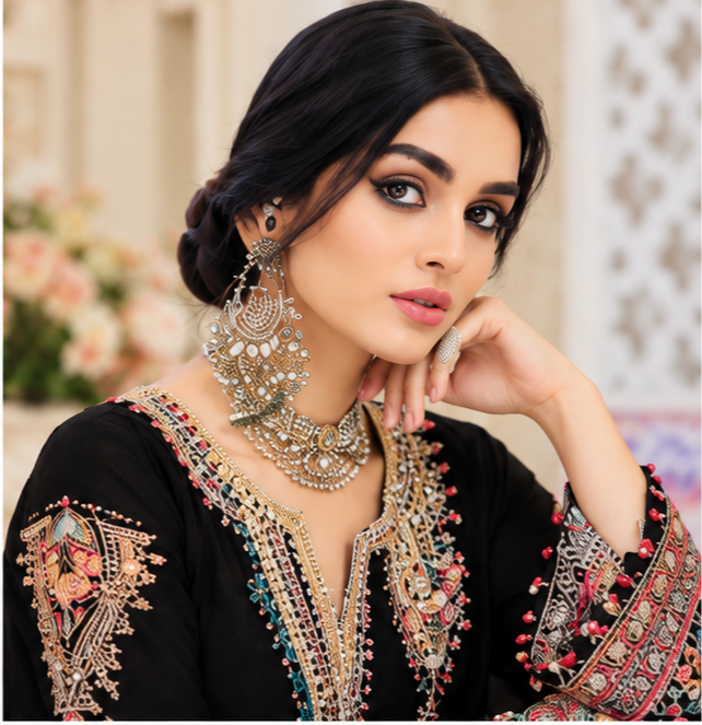 Elegant Pakistani Lawn Cotton Suit with Chiffon Dupatta | Black Embroidered Unstitched Dress Material