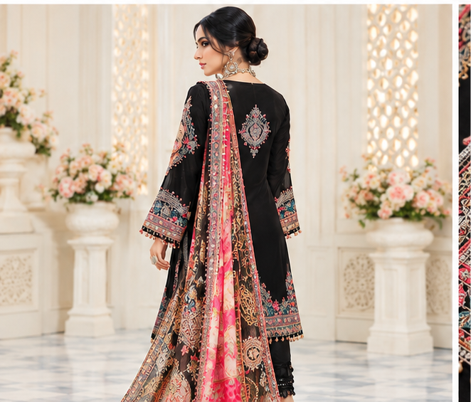Elegant Pakistani Lawn Cotton Suit with Chiffon Dupatta | Black Embroidered Unstitched Dress Material