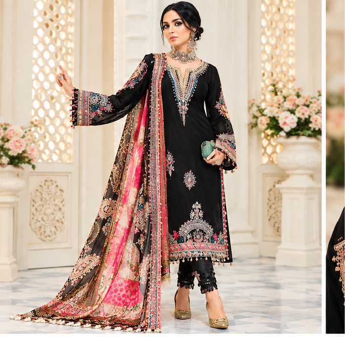 Elegant Pakistani Lawn Cotton Suit with Chiffon Dupatta | Black Embroidered Unstitched Dress Material