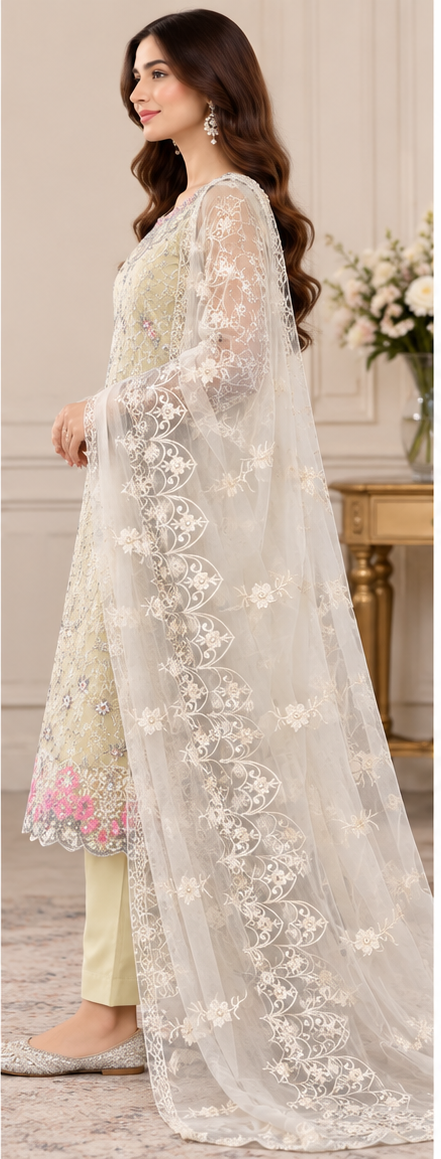 Elegant Pakistani Embroidered Suit with Santoon Inner & Butterfly Net Dupatta ✨
