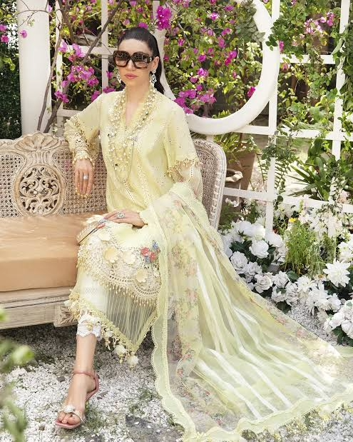 Elegant Pakistani Lawn Cotton Suit with Chiffon Dupatta | Pastel Embroidered Semi-Stitched Dress Material